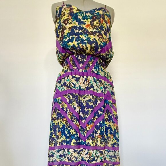 XHILARATION Navy Yellow Orange Floral Print Purple Stripes Maxi Dress Size L - Picture 1 of 7